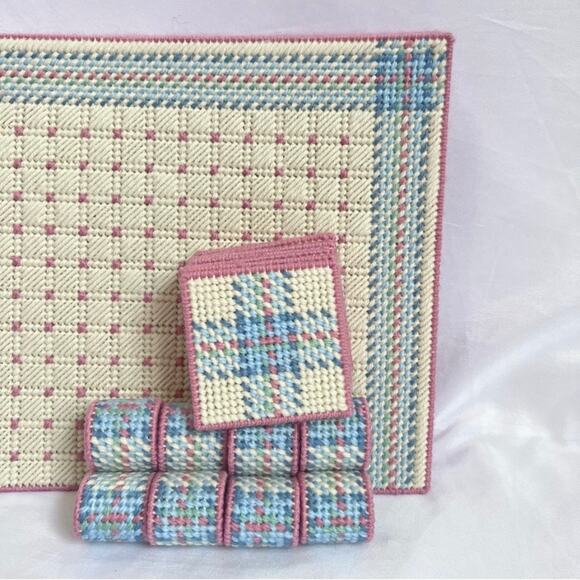 NEEDLEPOINT Vintage 26pc Placemats Coasters & Napkin Rings Set Table Setting - Picture 5 of 8